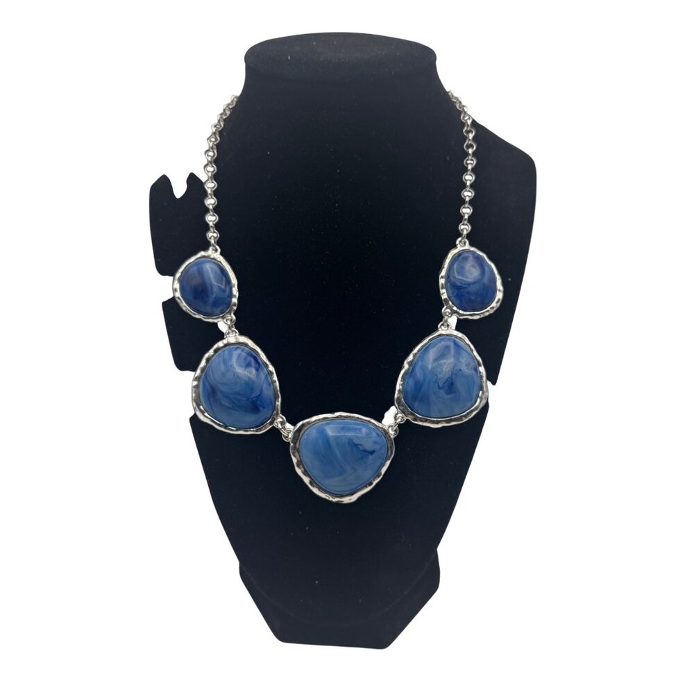 Silver-Tone Statement Necklace With Blue Faux Stone Accents Lobster Clasp
